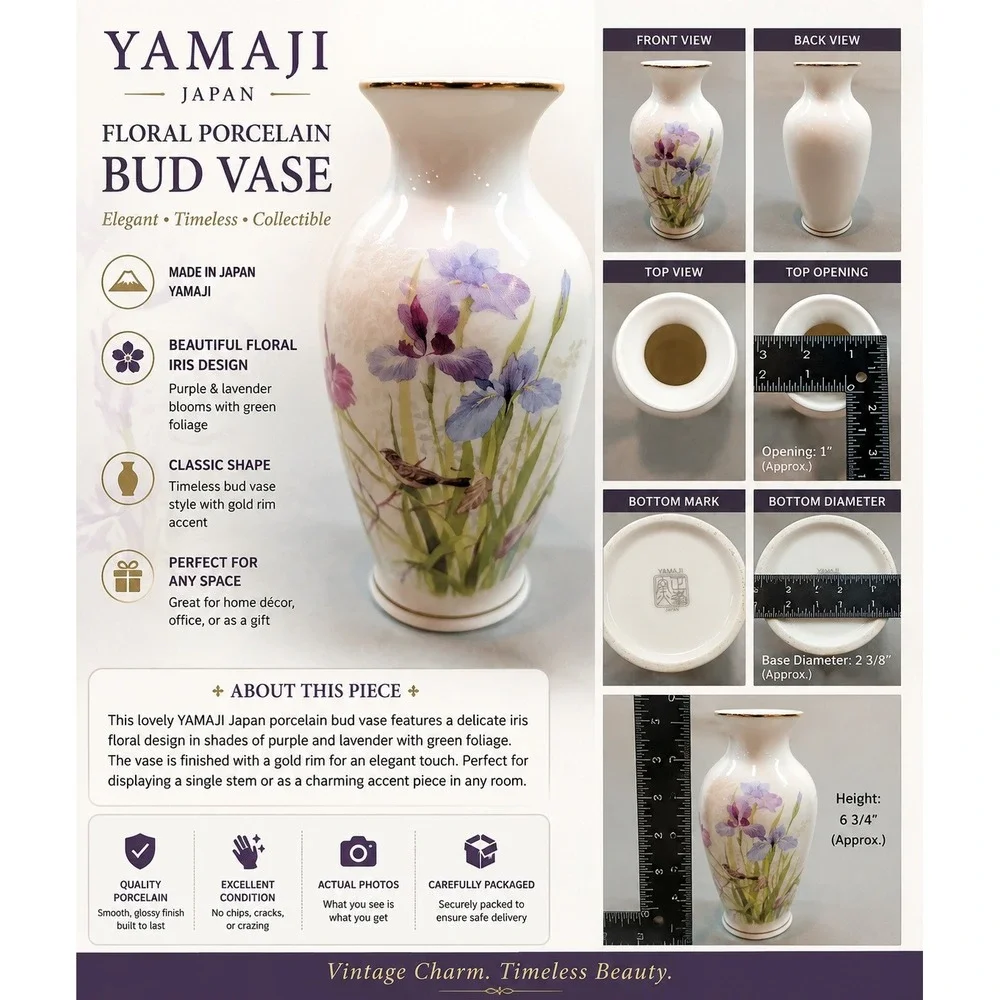 Yamaji Japan Floral Porcelain Bud Vase Purple Iris Gold Rim Vintage 6.75 inch
